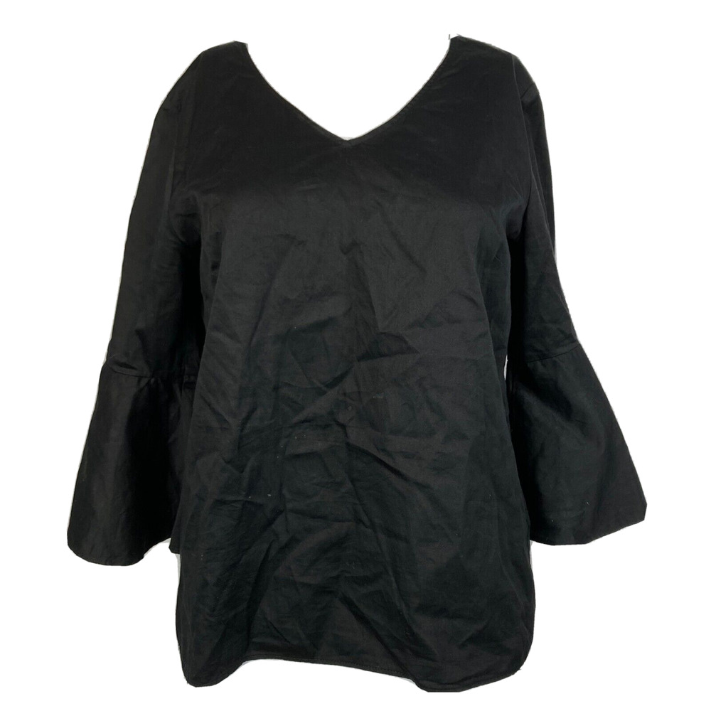 Jane and Delancey Shirt Womens Sz S Black Cotton‎ V-Neck Bell Sleeve Blouse